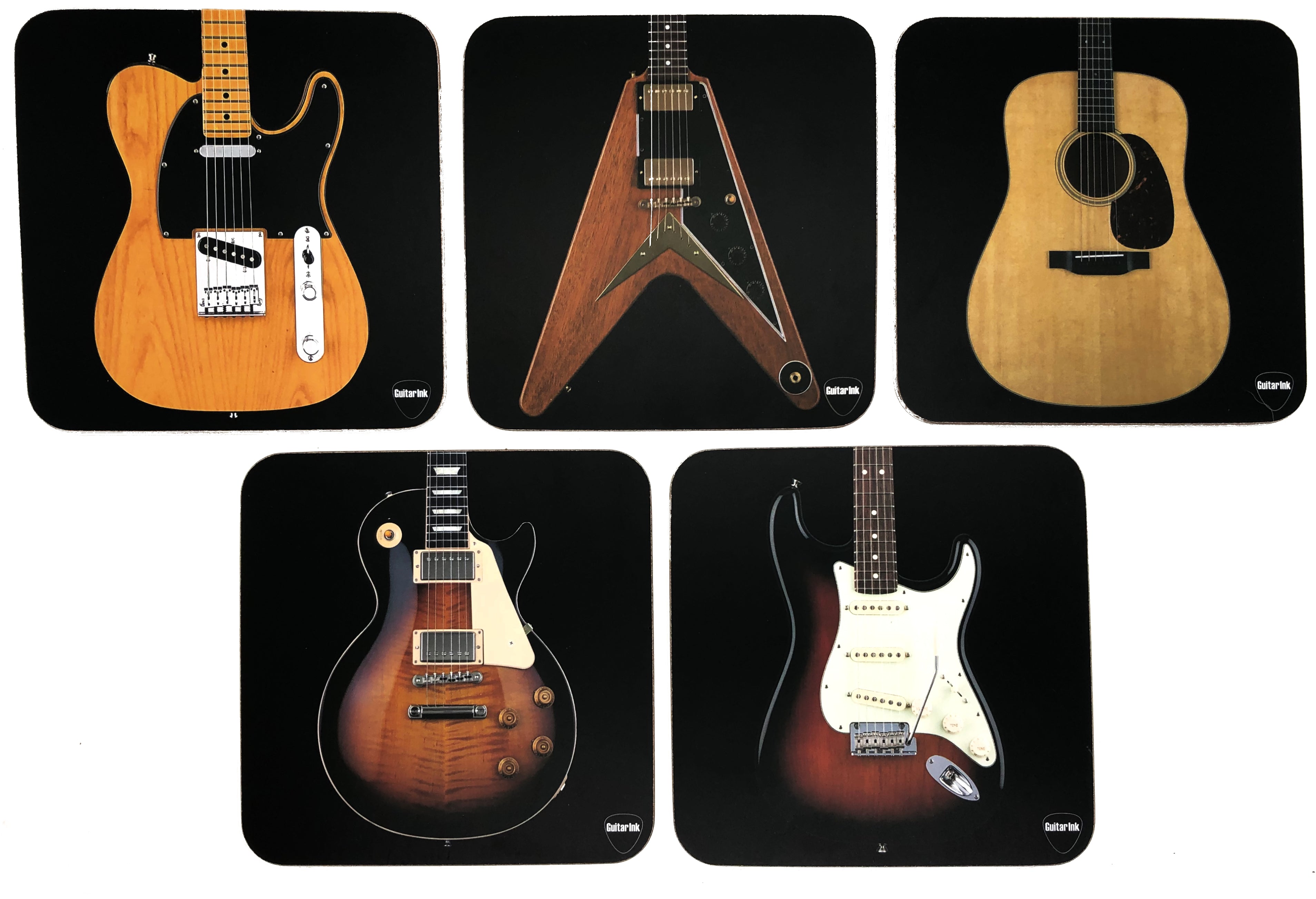Guitar Coaster Set / 5 Extra-Large Coasters Featuring Classic Guitar Shapes with stand