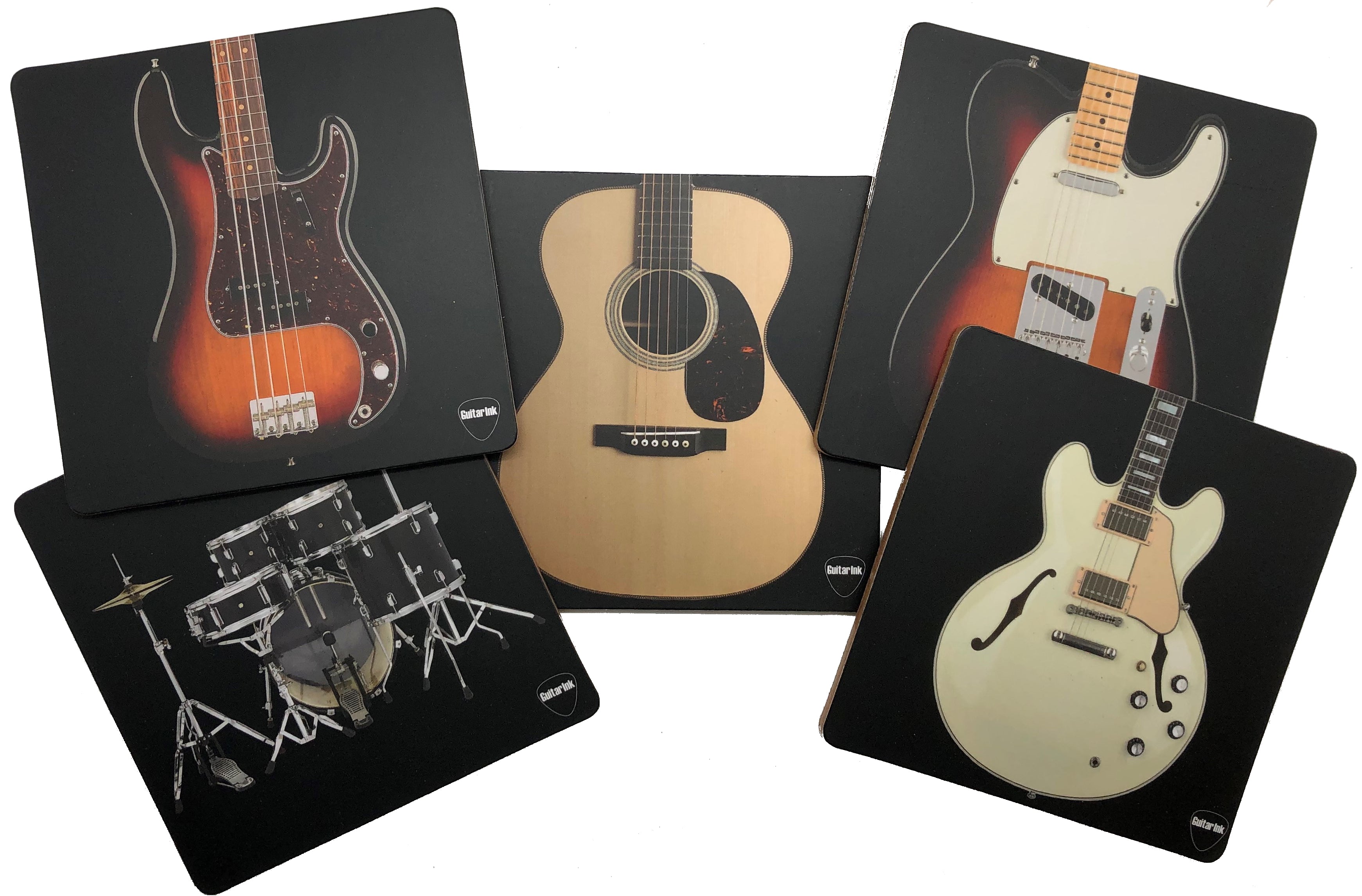 Guitar Drink Coaster Set - The Band Version/ 5 Extra-Large Coasters Featuring Classic Guitar Shapes, Bass and Drum Kit