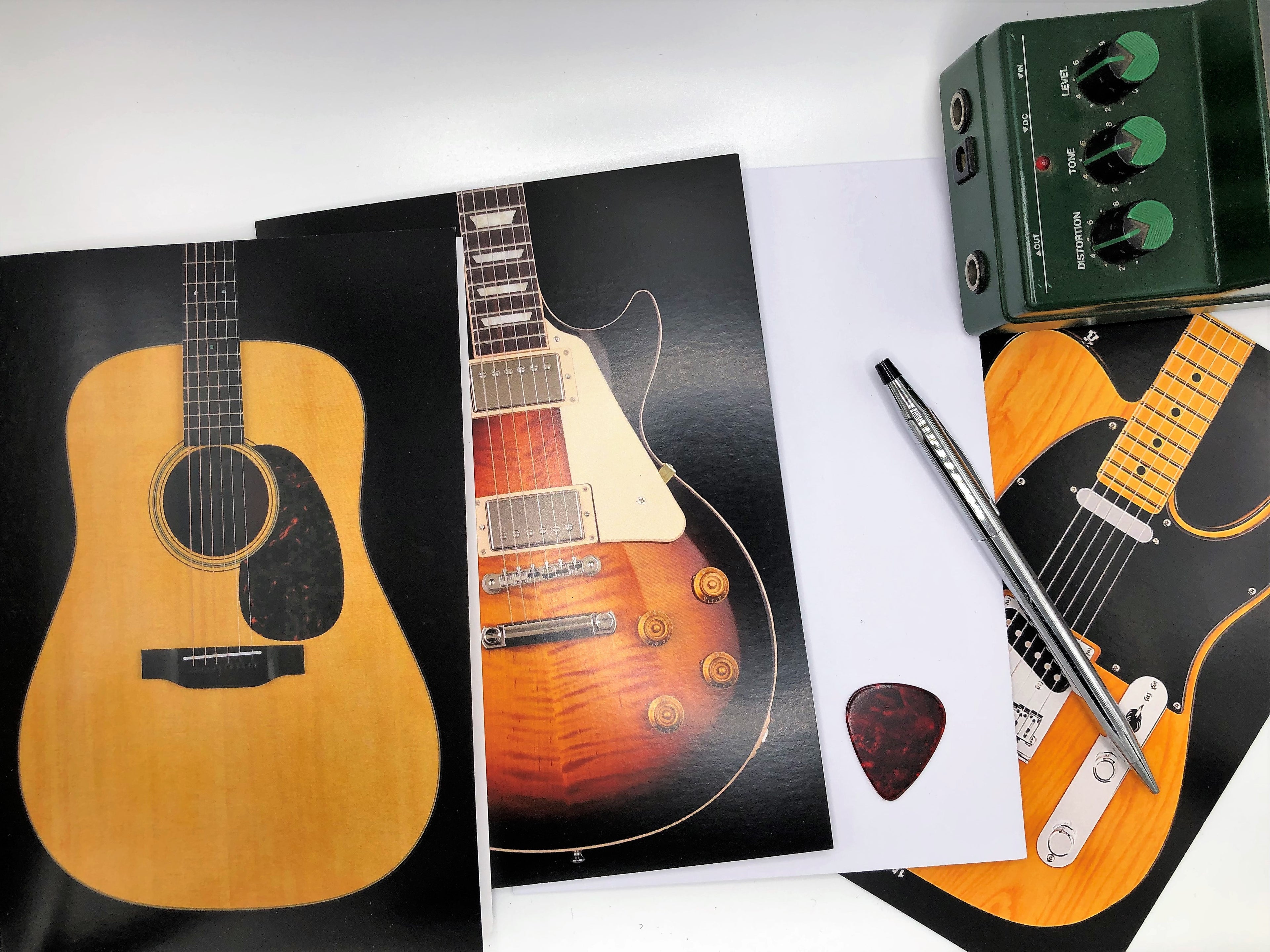 Guitar Music Note Card Assortment, Set Featuring Classic Guitar Shapes, Bass and Drum Kit (White Envelopes)