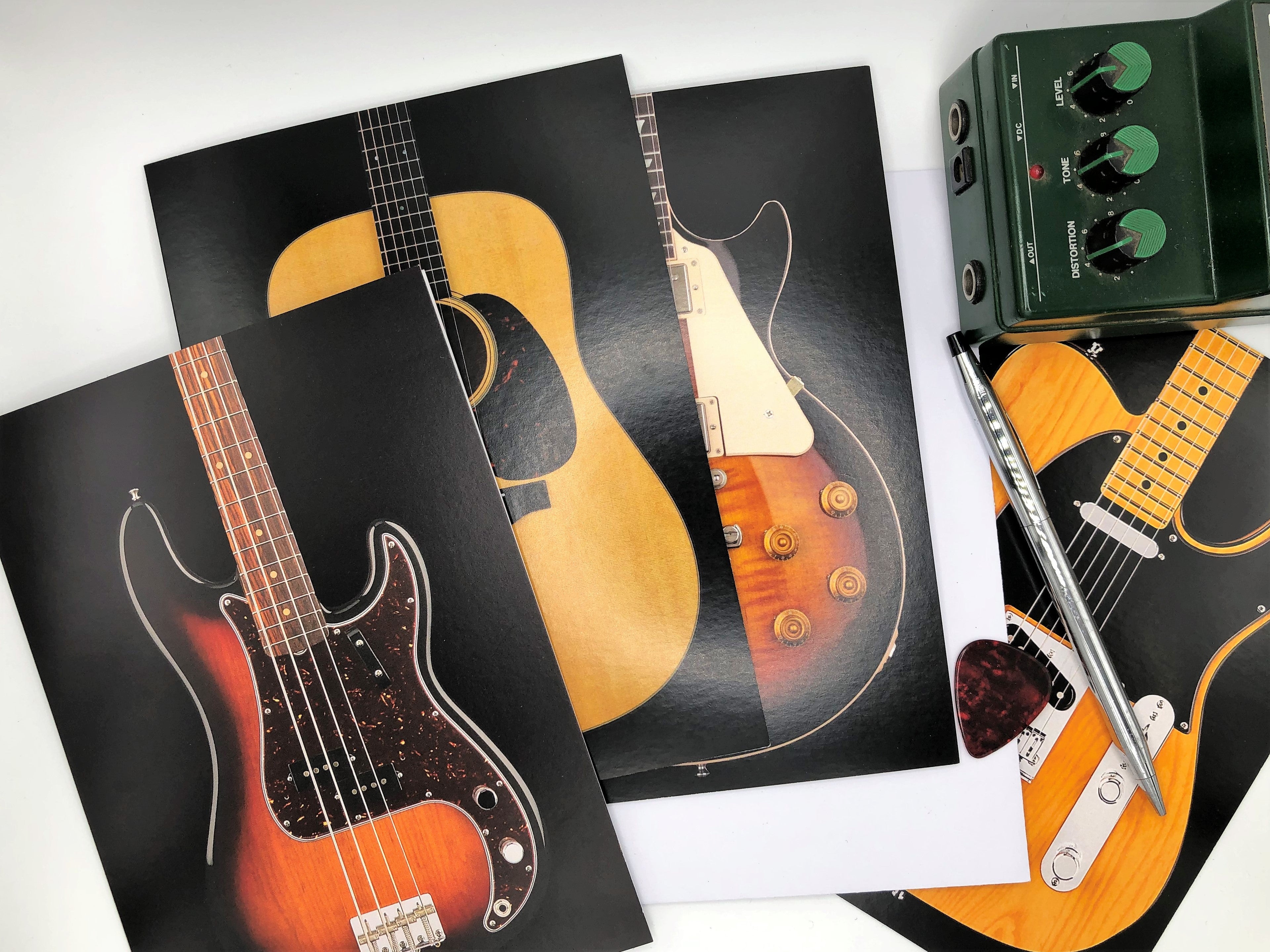 Guitar Music Note Card Assortment, Set Featuring Classic Guitar Shapes, Bass and Drum Kit (White Envelopes)