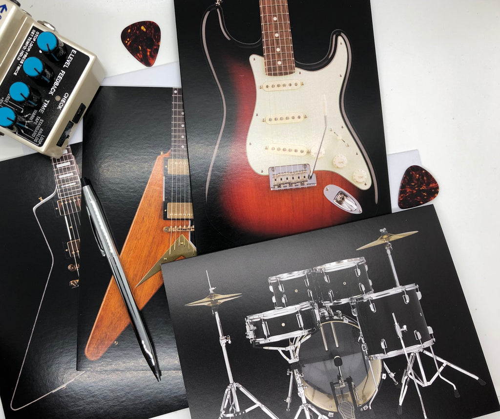 Guitar Music Note Card Assortment, Set Featuring Classic Guitar Shapes, Bass and Drum Kit (White Envelopes)
