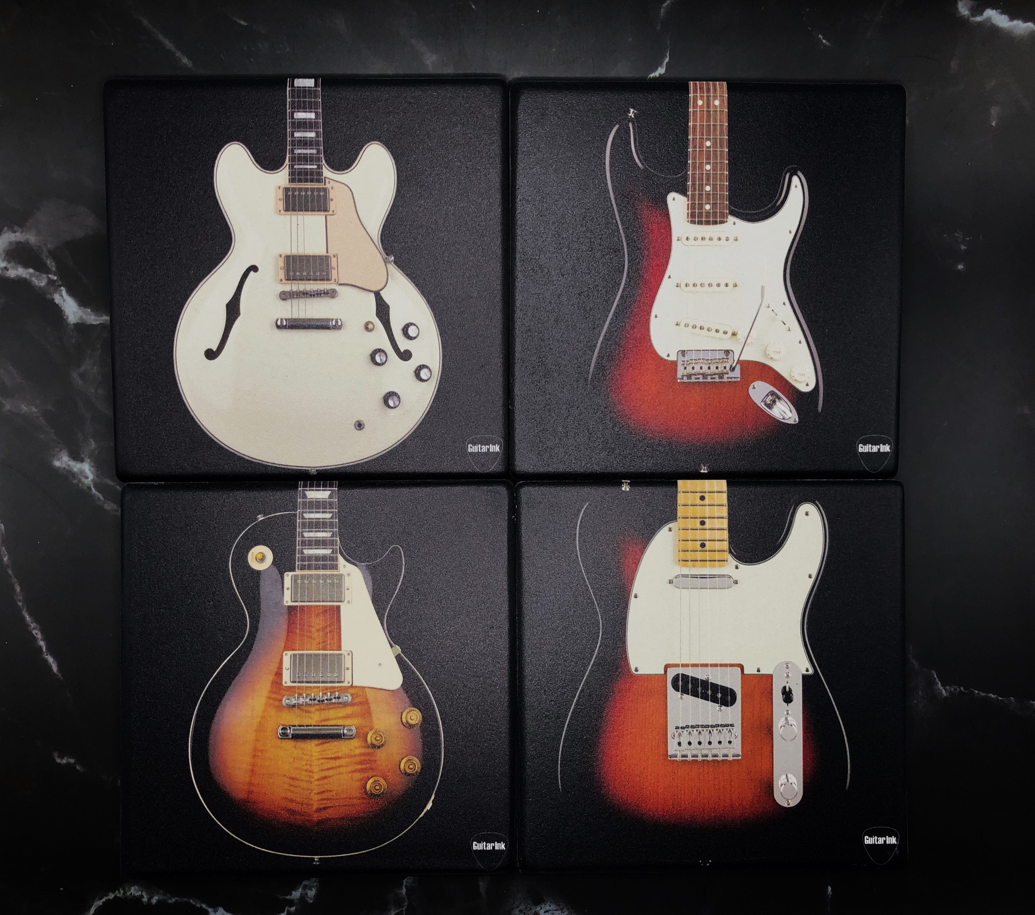 Electric Guitar Drink Ceramic Coaster Set 4 Pack - Featuring Classic Guitar Shapes