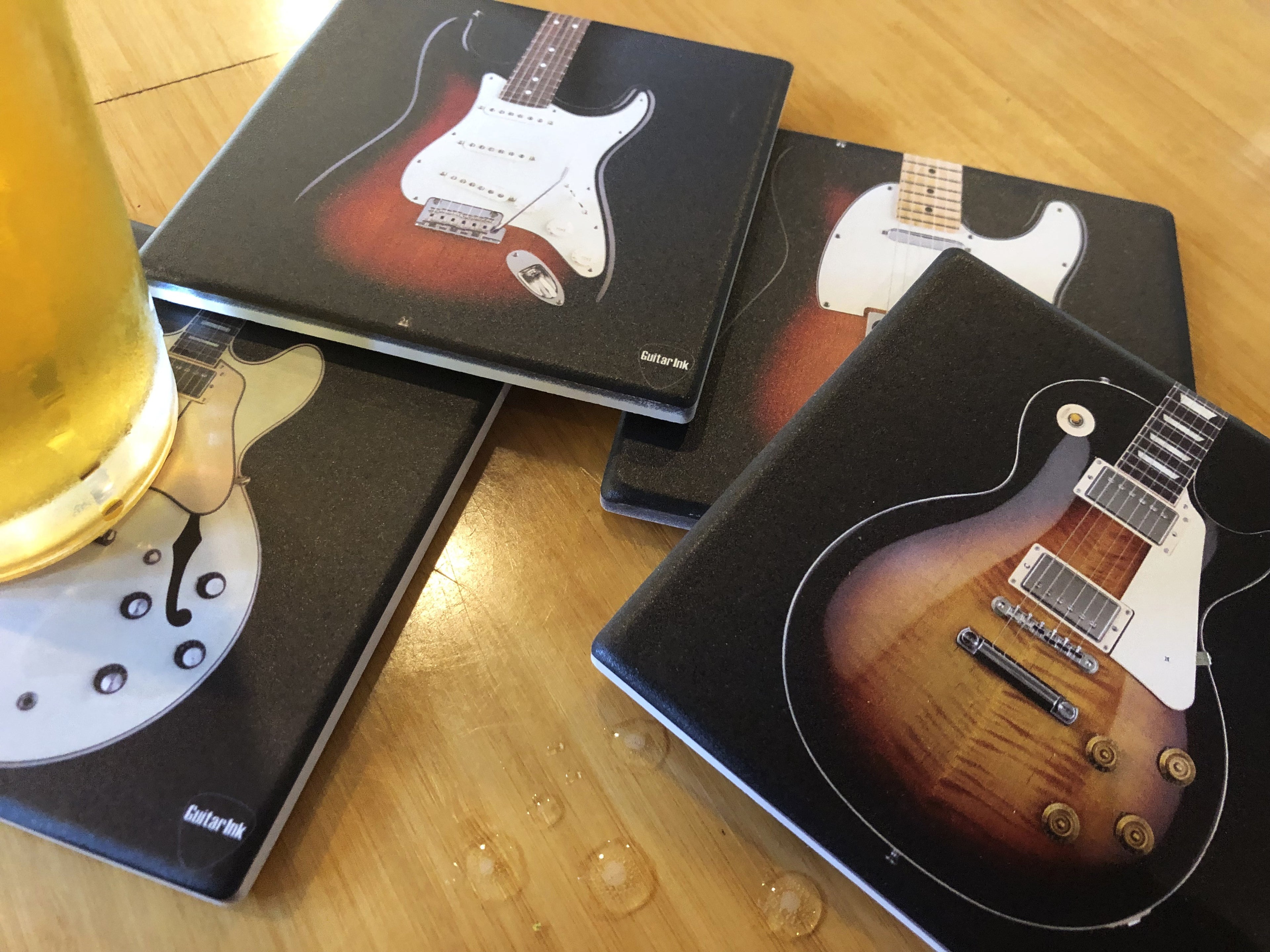 Electric Guitar Drink Ceramic Coaster Set 4 Pack - Featuring Classic Guitar Shapes