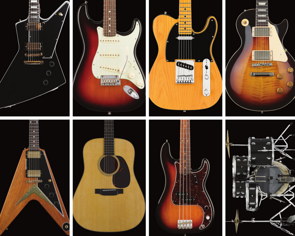 Guitar Music Note Card Assortment, Set Featuring Classic Guitar Shapes, Bass and Drum Kit